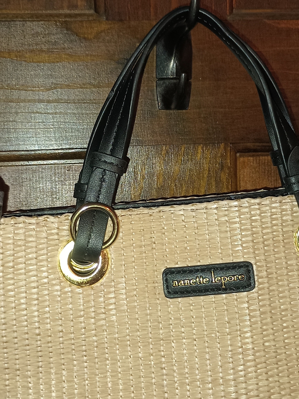 Nanette Lepore Straw Like Black Trim Shoulder Bag with Gingham Interior
